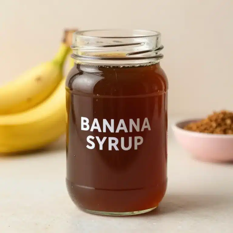 Delicate banana simple syrup recipe ingredients and finished syrup in glass jar.