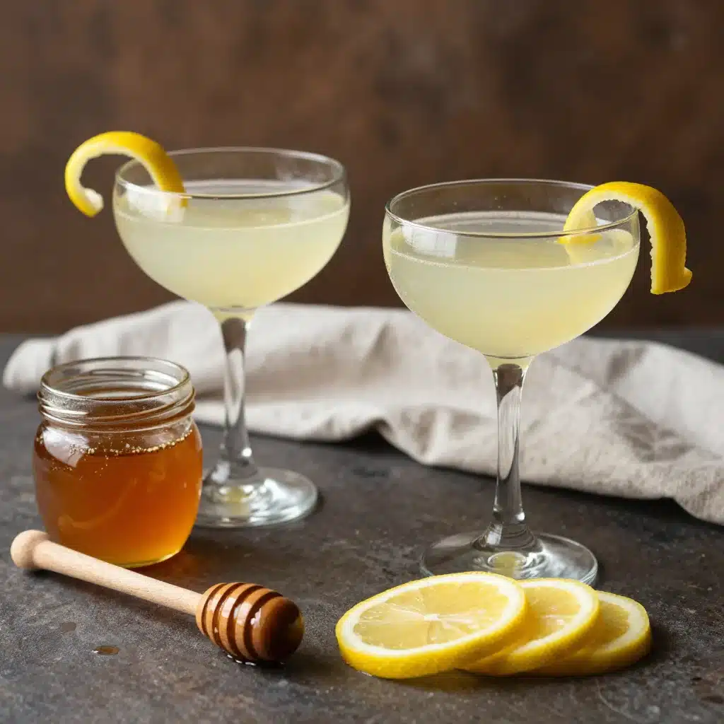 Bees Knees Cocktail Inspires Serenity 5 Bees Knees Cocktail garnished with lemon, showcasing its vibrant ingredients.