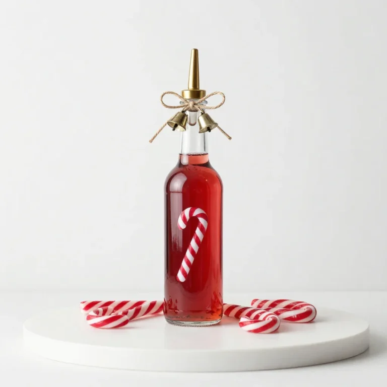 Bottle of homemade candy cane syrup for festive holiday recipes
