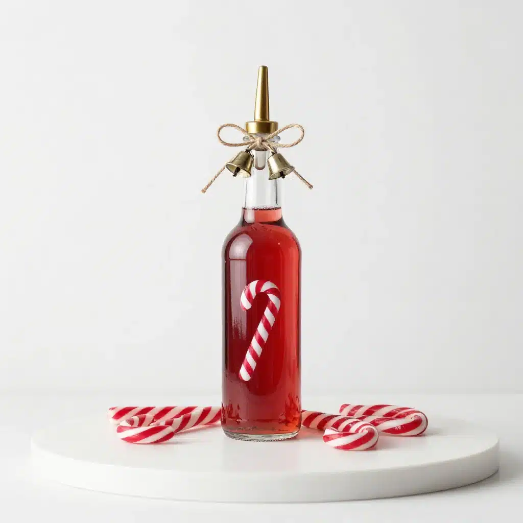 Bottle of homemade candy cane syrup for festive holiday recipes