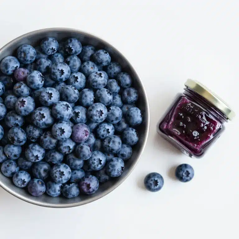 Bottle of homemade blueberry simple syrup with fresh blueberries