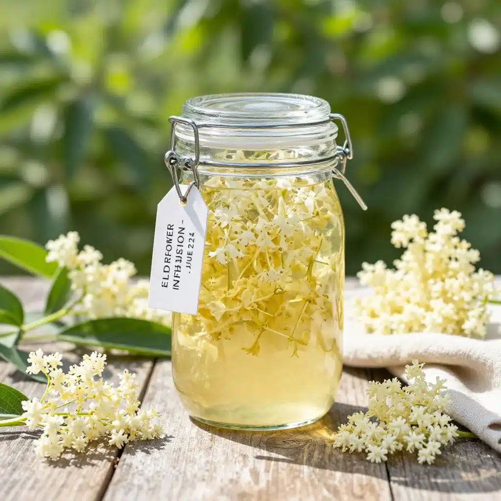 Elderflower Liqueur Soft Modern Aesthetic 5 Bottle of Elderflower Liqueur in a soft modern aesthetic setting