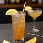 A vibrant Long Island Iced Tea served in a highball glass with a lemon wedge.