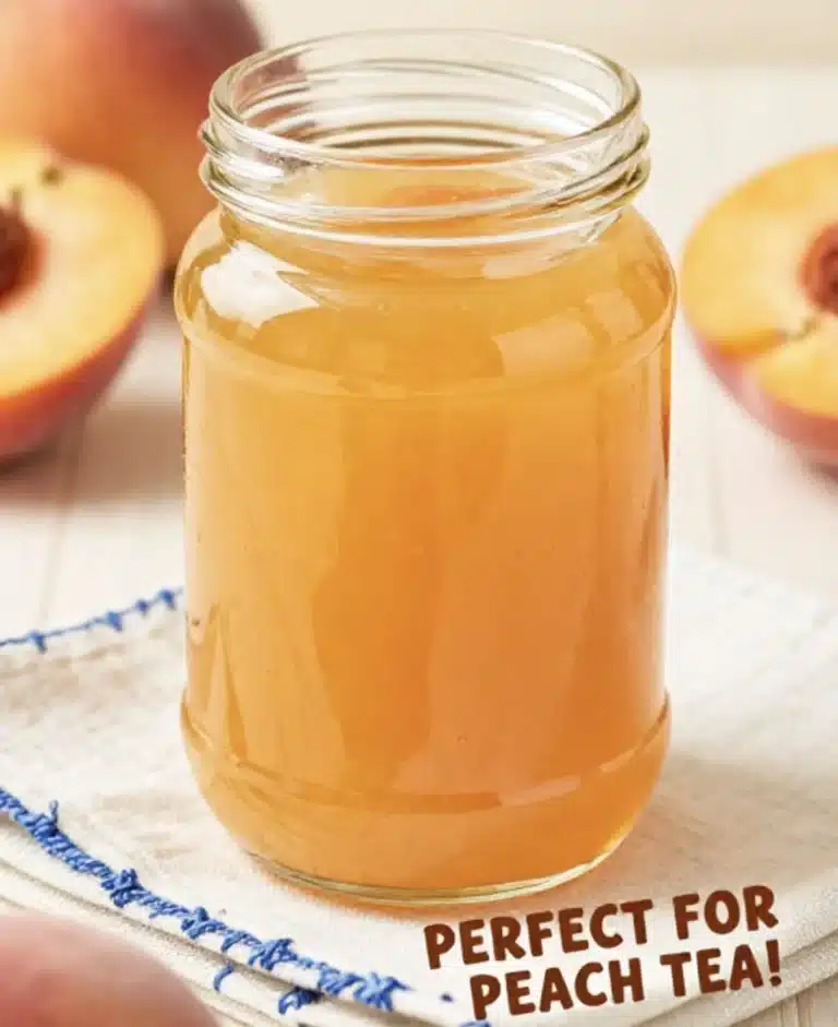 Peach Syrup Dream Recipe 8 Delicious homemade peach syrup in a glass jar with fresh peaches.