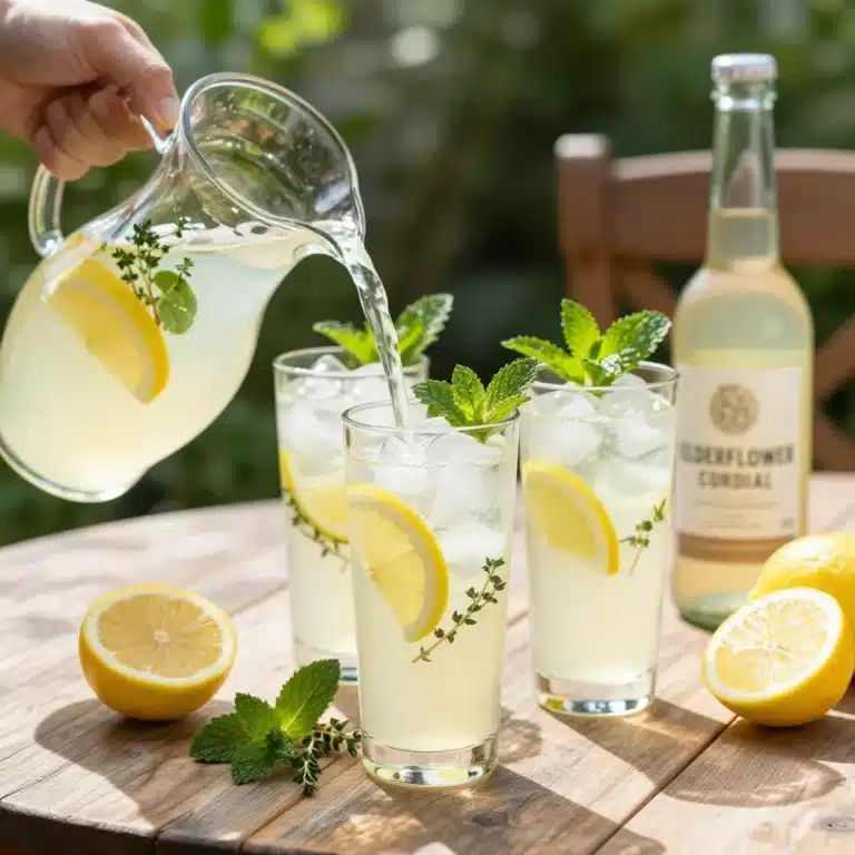 A refreshing glass of elderflower lemonade garnished with fresh lemon slices.