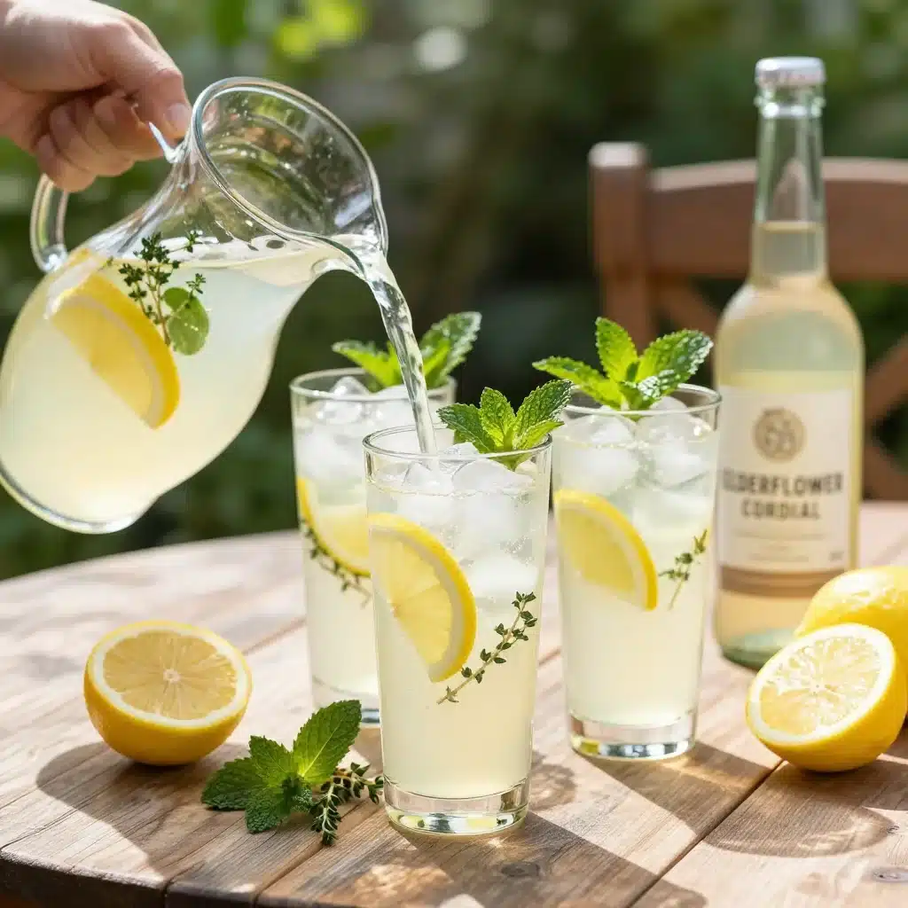 Refreshing Elderflower Lemonade Delights 5 A refreshing glass of elderflower lemonade garnished with fresh lemon slices.
