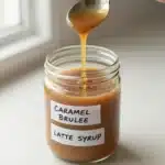 Starbucks Caramel Brulee Latte Syrup in a cup with caramel drizzle