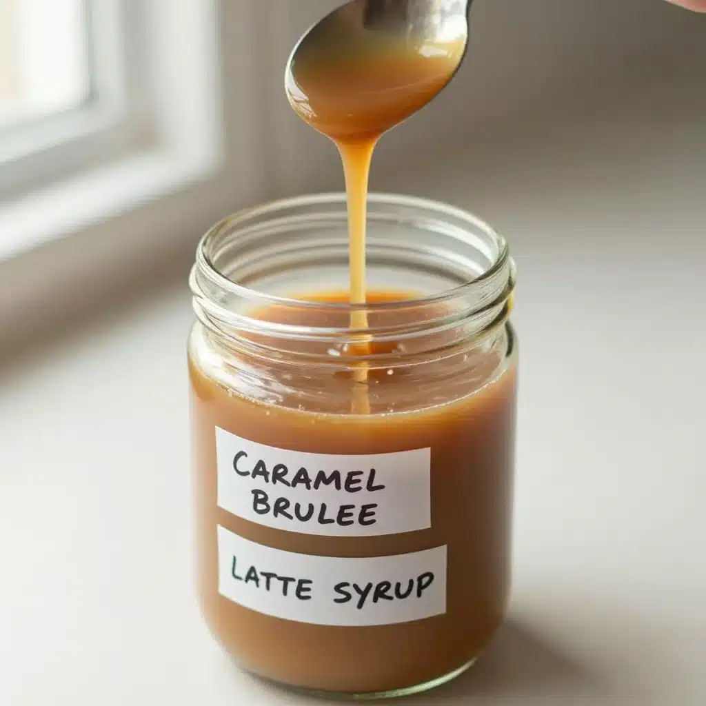 Starbucks Caramel Brulee Latte Syrup 5 Starbucks Caramel Brulee Latte Syrup in a cup with caramel drizzle