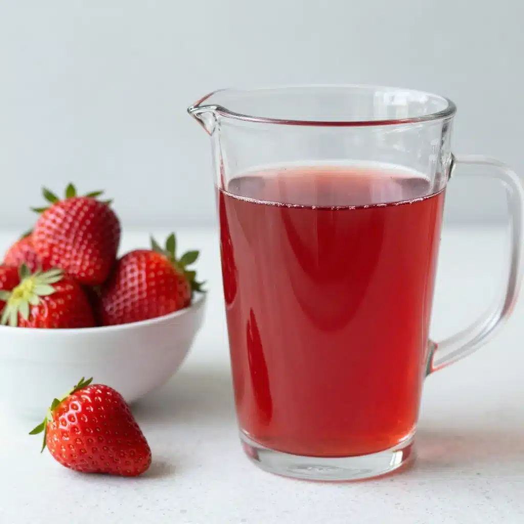 Homemade strawberry simple syrup in a glass bottle with strawberries around
