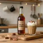 Toasted pecan syrup bottle next to a steaming cup of coffee