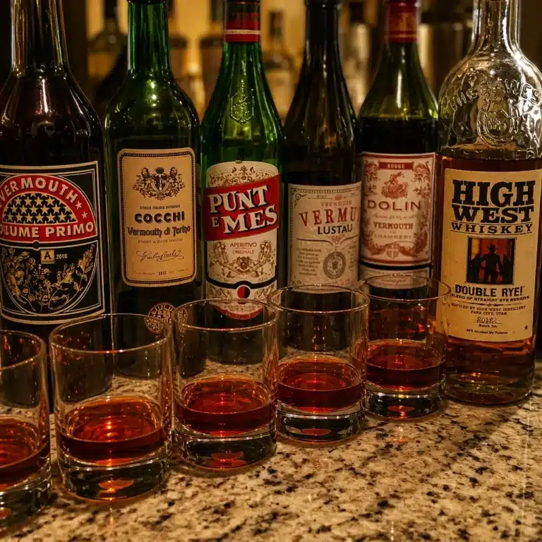 Classic Manhattan cocktail served in a coupe with cherry and bitters.