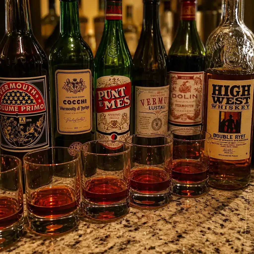 Classic Manhattan cocktail served in a coupe with cherry and bitters.