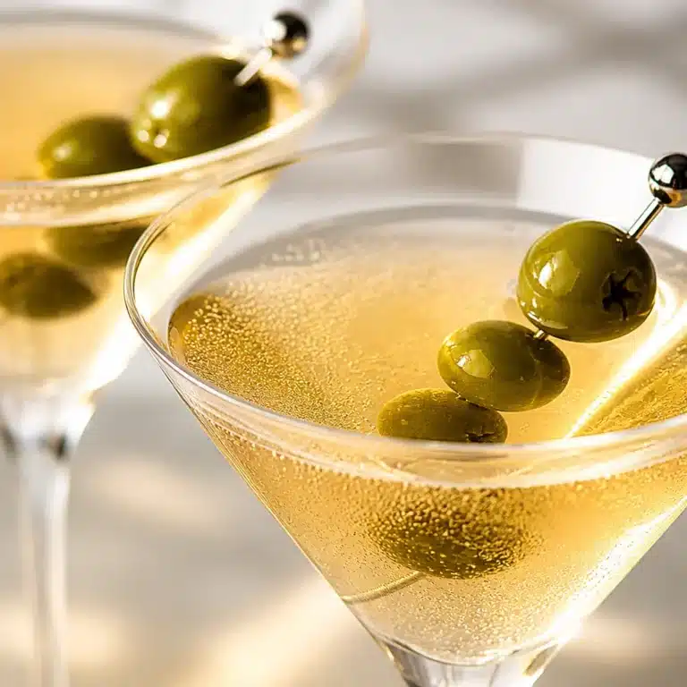 Close-up of a Dirty Martini garnished with olives in a cocktail glass.