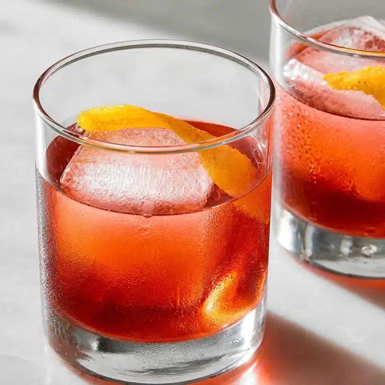Classic Negroni cocktail with gin, Campari, and sweet vermouth served over ice.