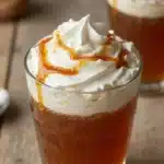 A warm cup of caramel apple cider with a caramel drizzle and apple slices
