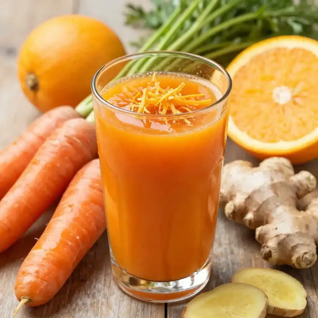 Carrot Ginger Juice Soft Glow 5 Bright orange Carrot Ginger Juice in a glass, garnished with fresh ginger and carrots.