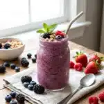 Cottage cheese protein smoothie with fruits in a glass, healthy and nutritious drink