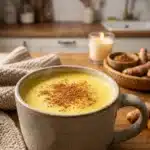 A cup of golden milk made with turmeric and spices, promoting wellness and relaxation.