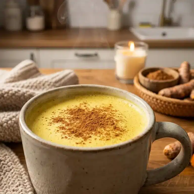 Home 17 A cup of golden milk made with turmeric and spices, promoting wellness and relaxation.