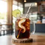 A refreshing glass of healthy dirty soda garnished with fresh fruit.