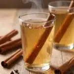 Warm hot apple cider in a mug with cinnamon sticks and apple slices