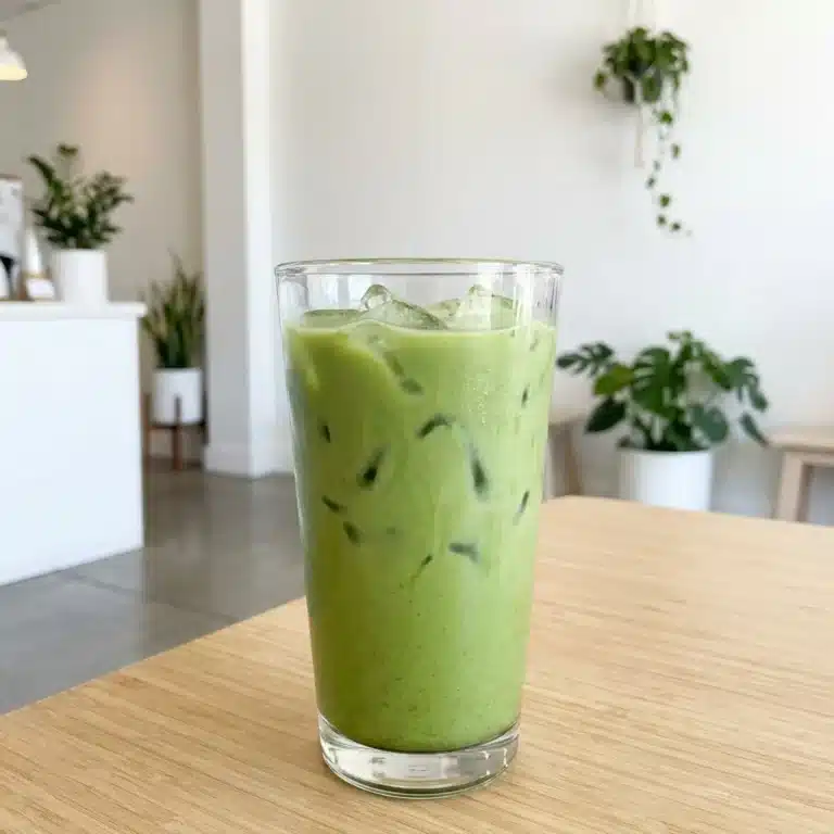 Home 1 Refreshing iced matcha latte in a glass with vibrant green color.