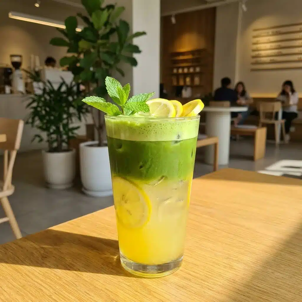 Refreshing matcha lemonade drink served with lemon slices