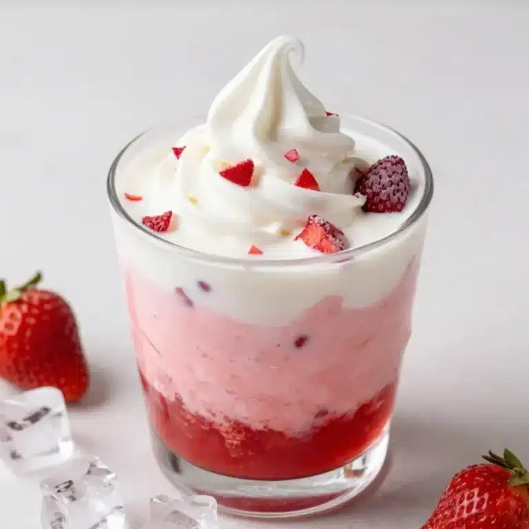 Delicious Pink Drink topped with strawberries and coconut milk