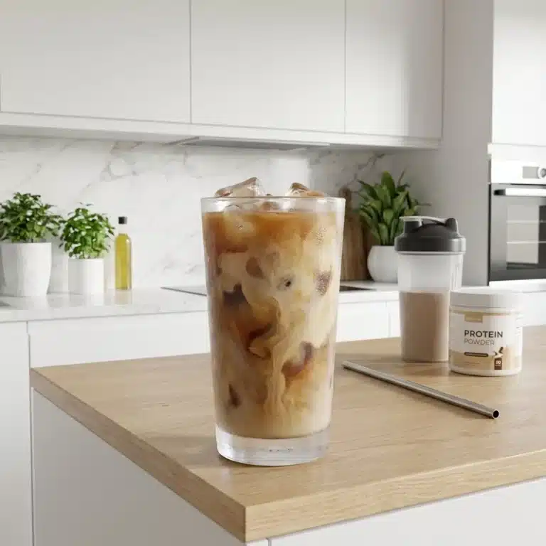 Home 9 A cup of Proffee showcasing protein powder mixed with coffee.