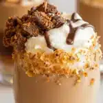 Samoas iced coffee in a glass with cookie garnish, ideal for a refreshing treat.
