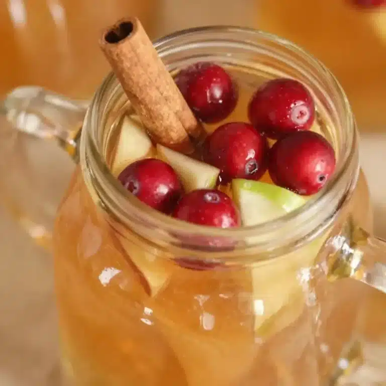 Glass of sparkling caramel apple punch with apple slices and caramel drizzle.
