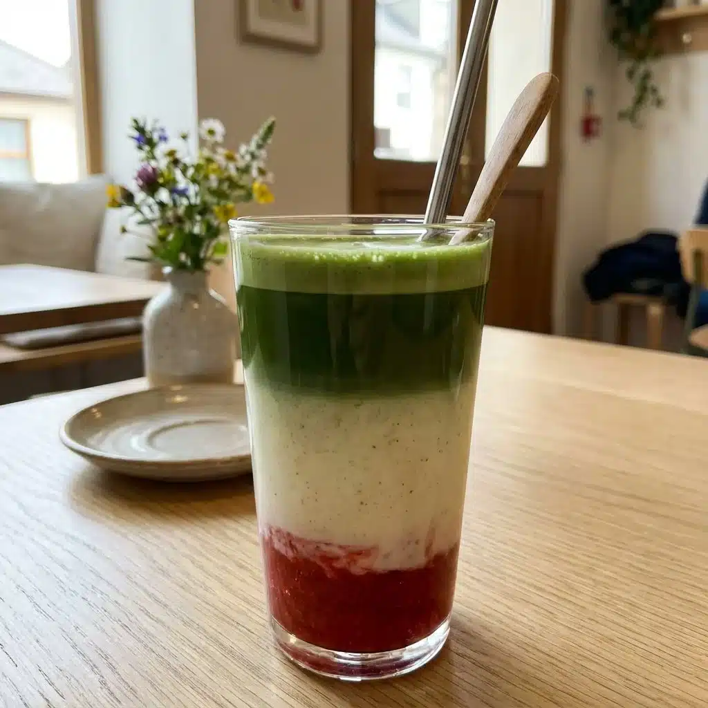 Strawberry Matcha Latte in a glass with fresh strawberries and matcha powder