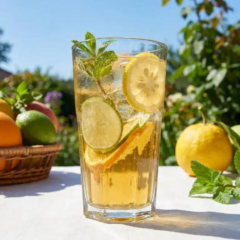 A refreshing Yuzu Lemon Sparkler drink with citrus garnishes