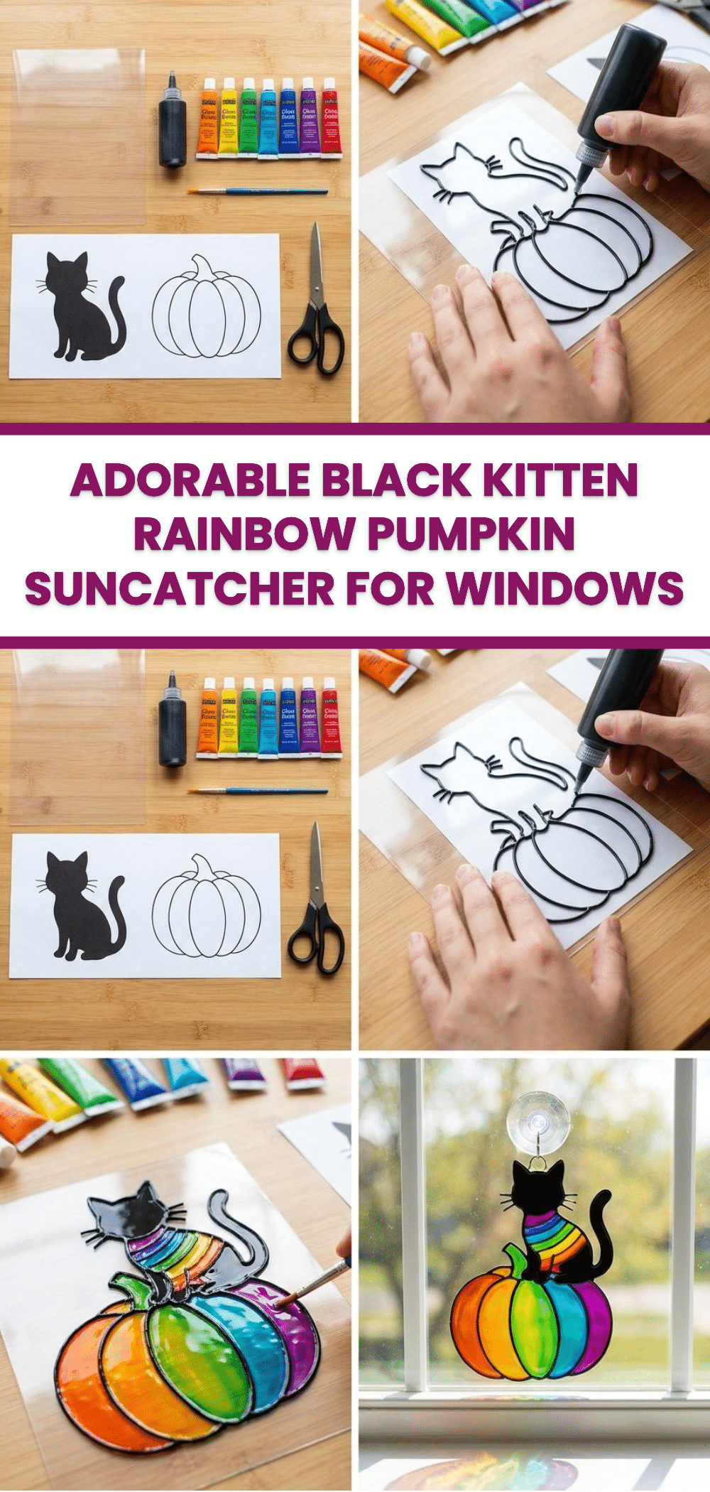 Adorable Black Kitten Rainbow Pumpkin Suncatcher for Windows