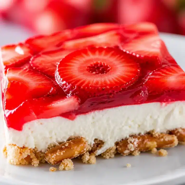Strawberry pretzel salad featuring a crunchy crust, creamy filling, and fresh strawberries.