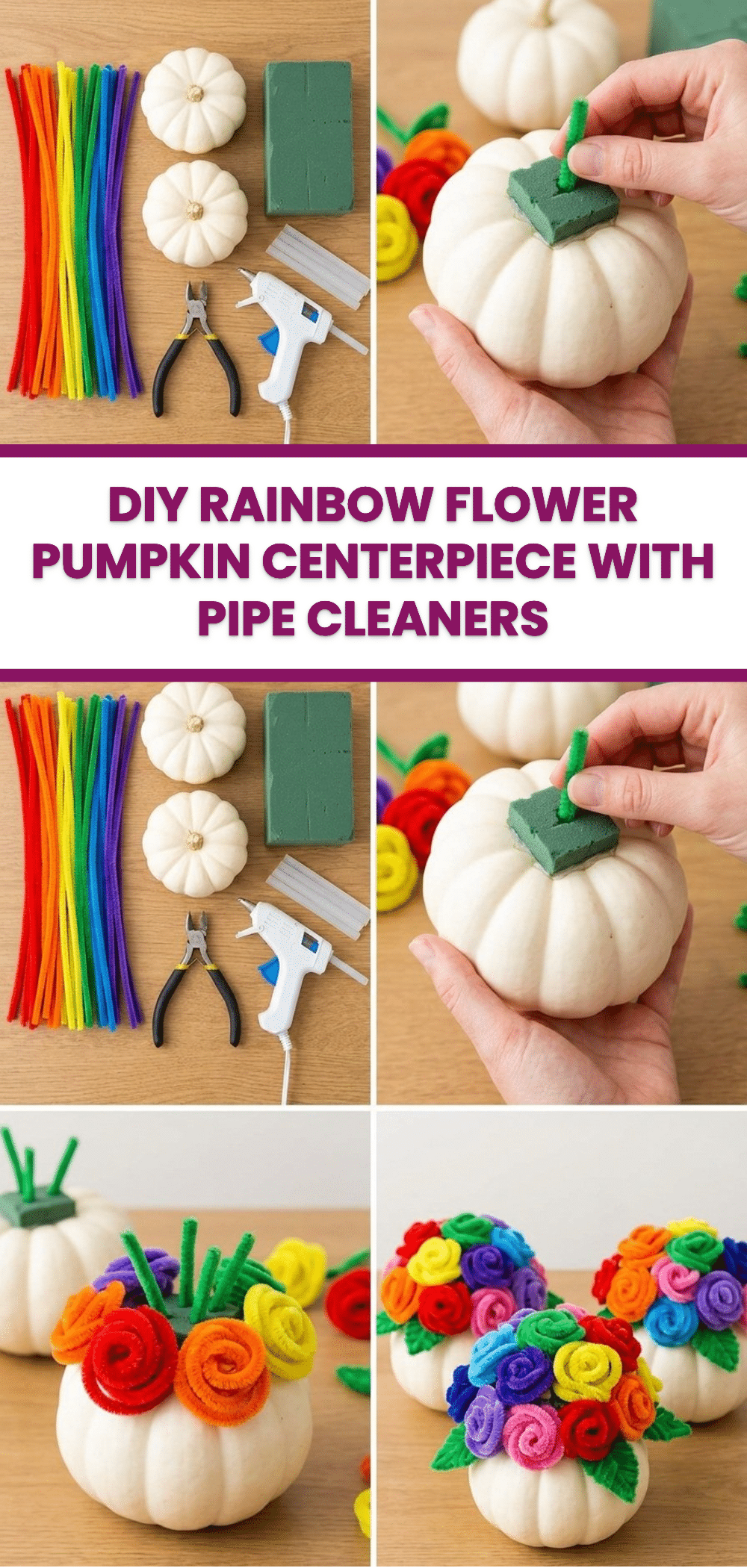 DIY Rainbow Flower Pumpkin Centerpiece with Pipe Cleaners