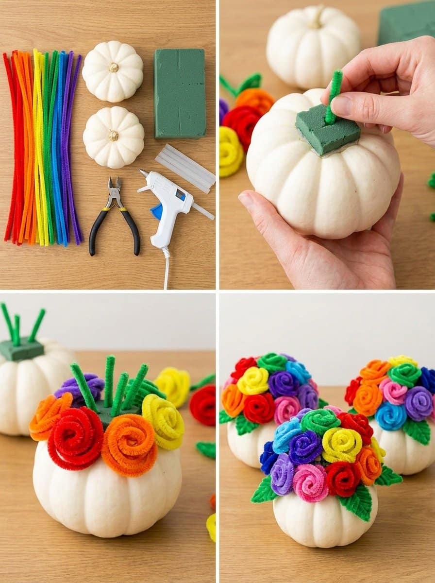 DIY Rainbow Flower Pumpkin Centerpiece with Pipe Cleaners