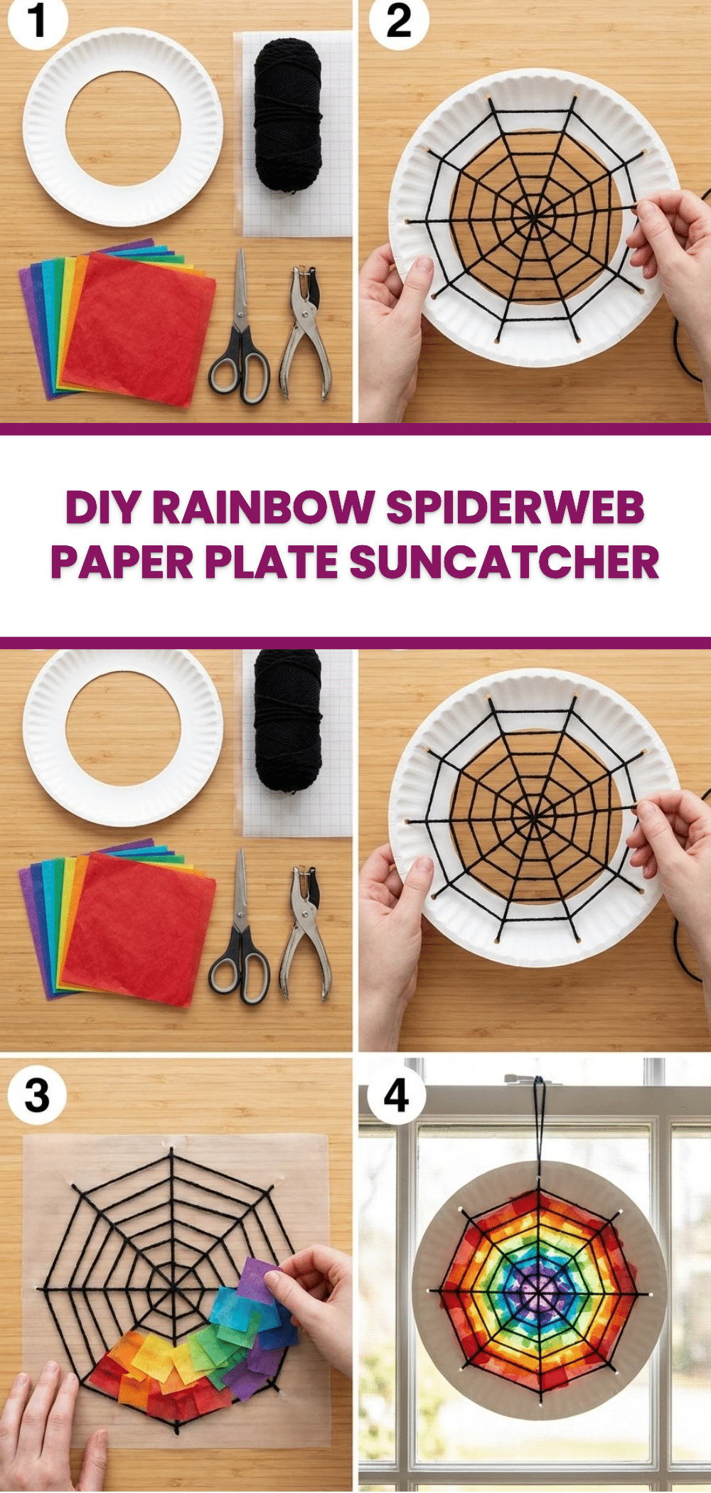 DIY Rainbow Spiderweb Paper Plate Suncatcher 2 DIY Rainbow Spiderweb Paper Plate Suncatcher