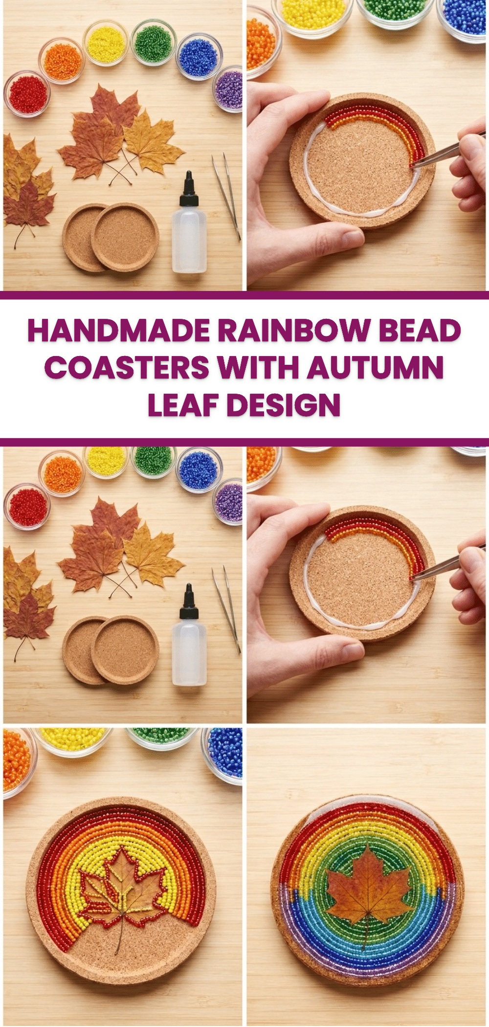 Handmade Rainbow Bead Coasters with Autumn Leaf Design 2 Handmade Rainbow Bead Coasters with Autumn Leaf Design