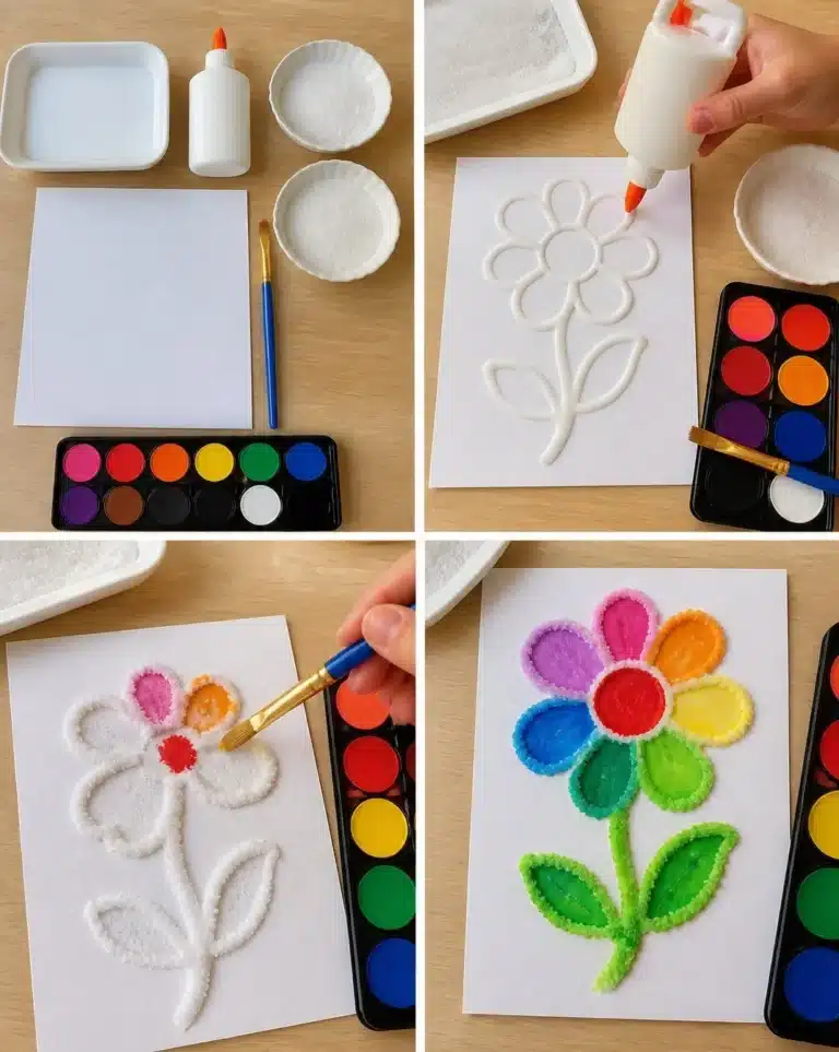 Colorful 3D raised salt art project showcasing vibrant designs.