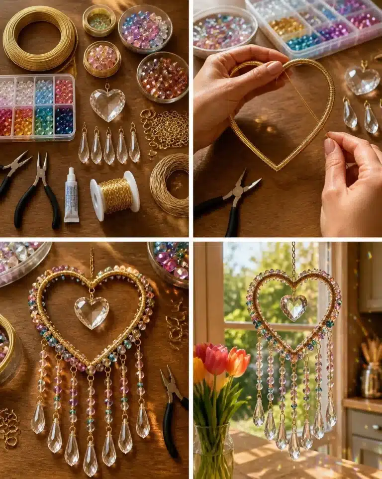 DIY beaded heart crystal suncatcher tutorial with colorful beads
