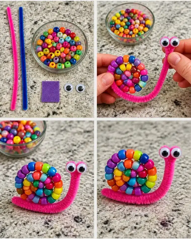 Colorful beaded snail craft made with pipe cleaners and beads.