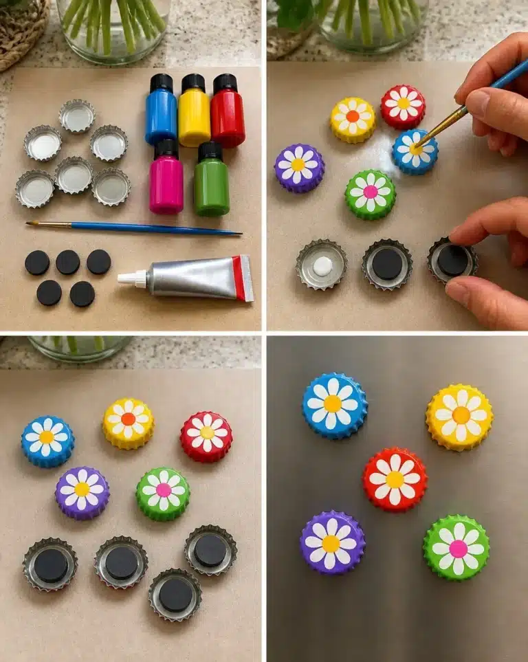 Colorful DIY bottle cap flower magnets on a refrigerator door