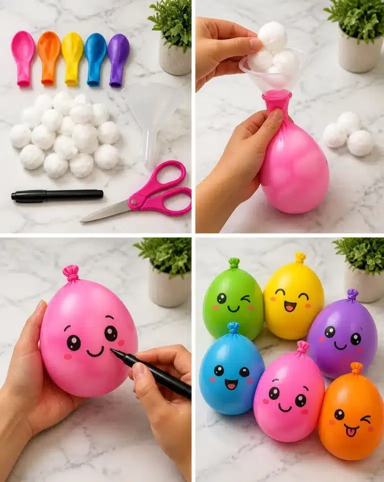 Colorful DIY cotton ball squishies made by kids in a fun craft project