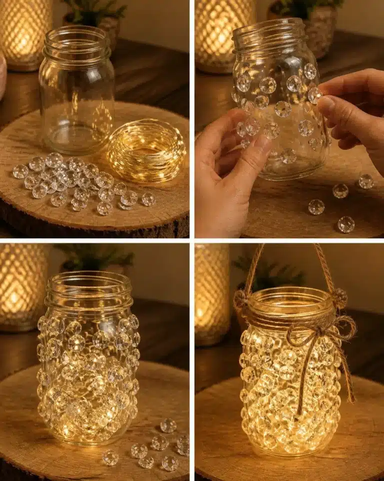 A beautifully crafted DIY Crystal Fairy Lantern glowing softly at night.
