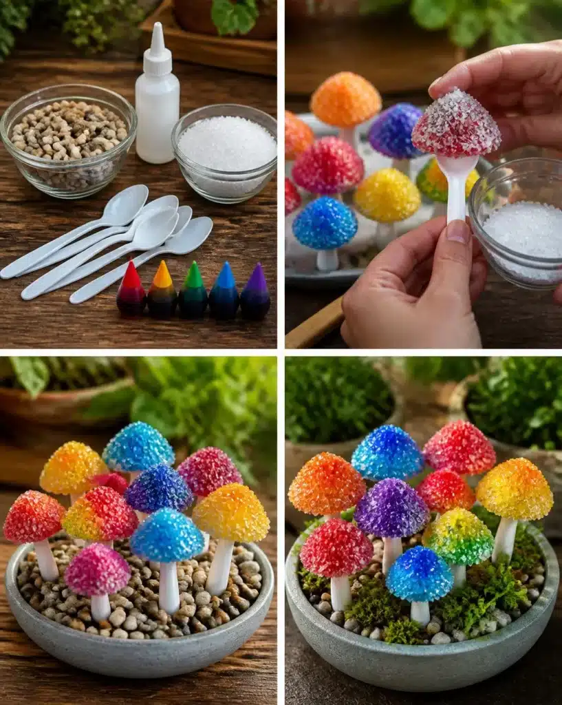 DIY Crystal Rainbow Garden Mushrooms For Glow-In-The-Dark Decor