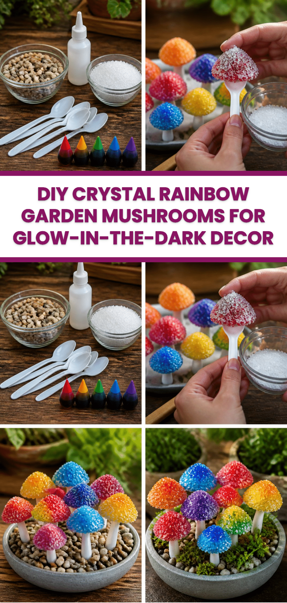 DIY Crystal Rainbow Garden Mushrooms For Glow-In-The-Dark Decor 3 DIY Crystal Rainbow Garden Mushrooms For Glow-In-The-Dark Decor