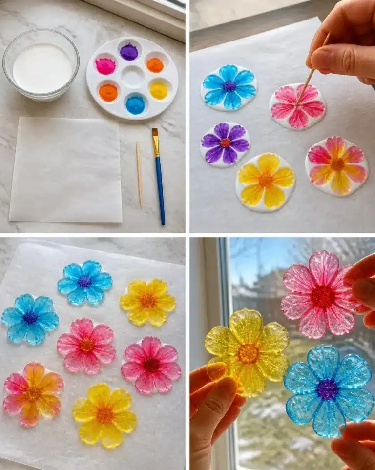 Colorful DIY faux stained-glass flowers illuminating a room
