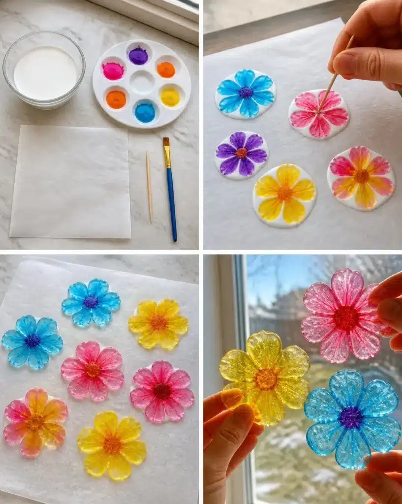 Colorful DIY faux stained-glass flowers illuminating a room