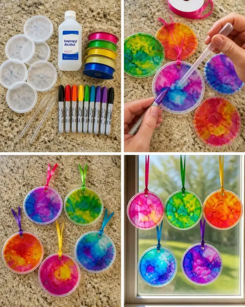 DIY Faux Stained Glass Suncatchers 1 Vibrant DIY faux stained glass suncatchers hanging in a sunny window